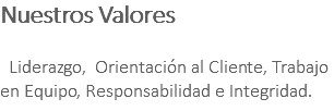 Nuestros Valores Liderazgo, Orientación al Cliente, Trabajo en Equipo, Responsabilidad e Integridad.